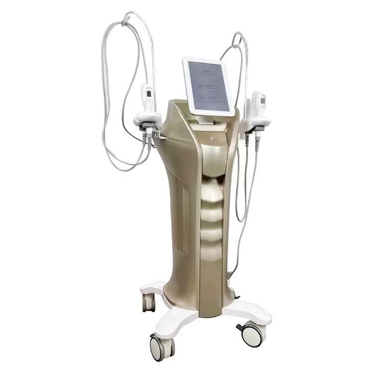 Aesthetic machine with a touchscreen display and two handpieces on a rolling stand. - HUIMAIN