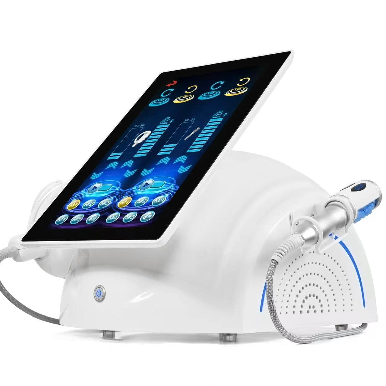 White aesthetic medical device with a digital display and attached applicator. - HUIMAIN