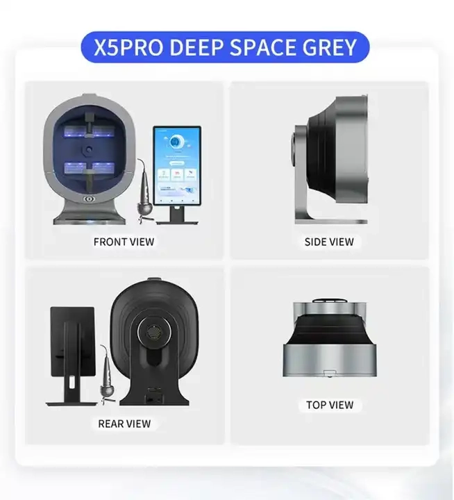 X5PRO Deep Space Grey device shown in front, side, rear, and top views. - HUIMAIN