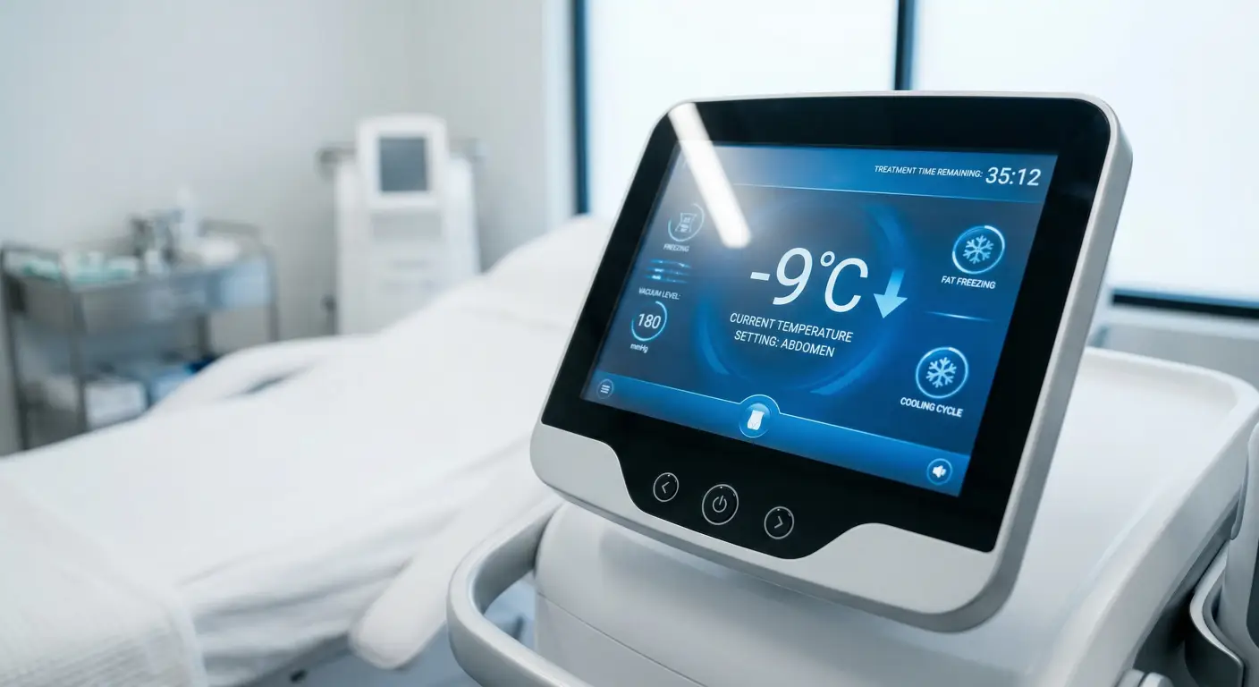 A close-up, high-resolution image of a modern clinical cryolipolysis machine A close-up, high-resolution image of a modern clinical cryolipolysis machine