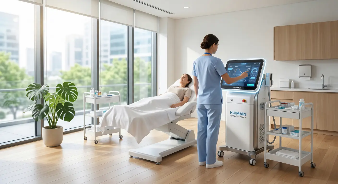 A practitioner is adjusting the settings on a premium HUIMAIN cryolipolysis machine, demonstrating the professional and clinical aesthetic of the device. A practitioner is adjusting the settings on a premium HUIMAIN cryolipolysis machine, demonstrating the professional and clinical aesthetic of the device.