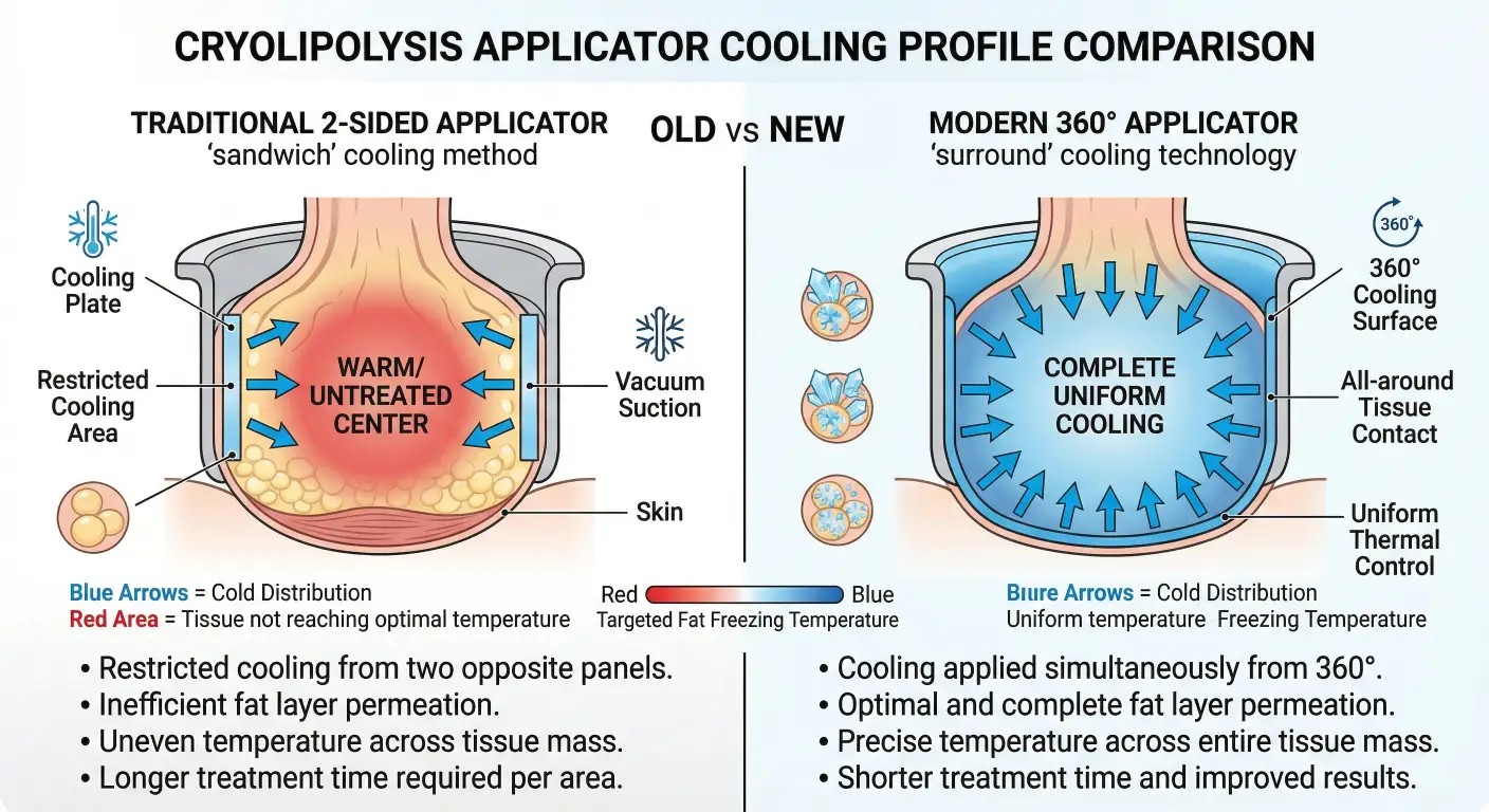 A technical, side-by-side comparison cryolipolysis machine graphic