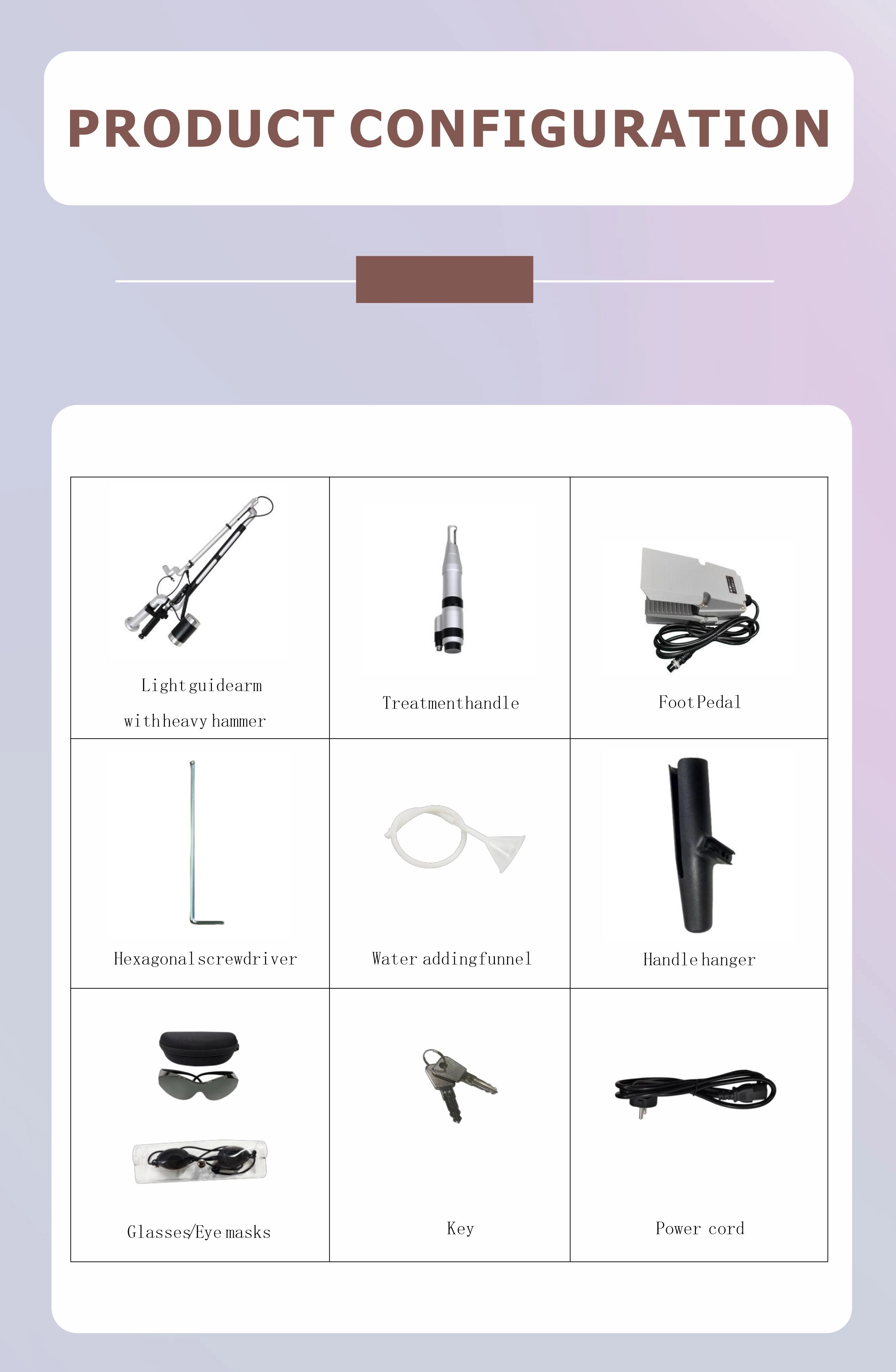 Diagrama de configuración del producto con brazo guía de luz, mango de tratamiento, pedal, destornillador, embudo, colgador de mango, gafas, llaves y cable de alimentación. - HUIMAIN