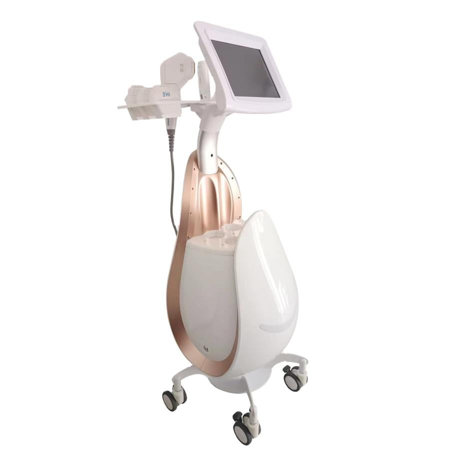 White and Rose Gold Aesthetic Medical Device with Touchscreen and Cartridges.