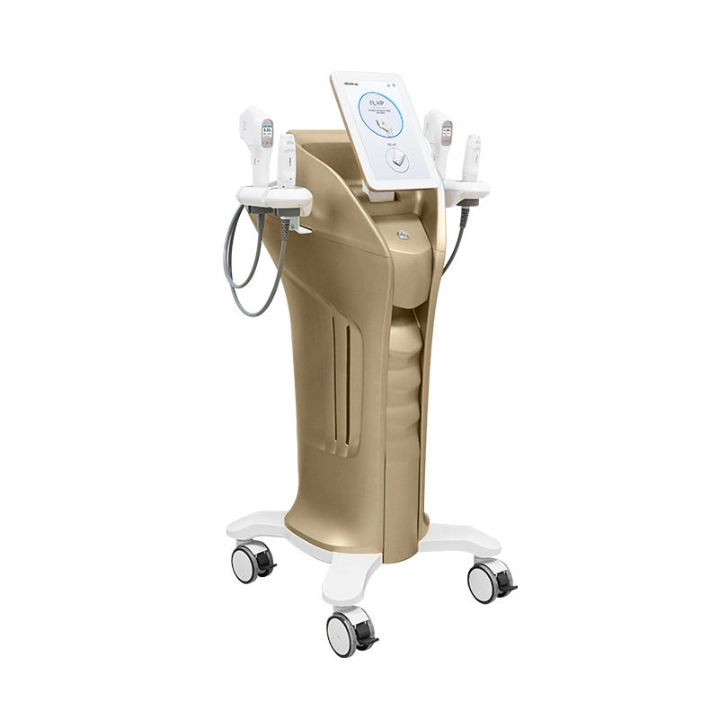 Aesthetic clinic's gold-colored, touchscreen-operated medical device on a wheeled base. - HUIMAIN