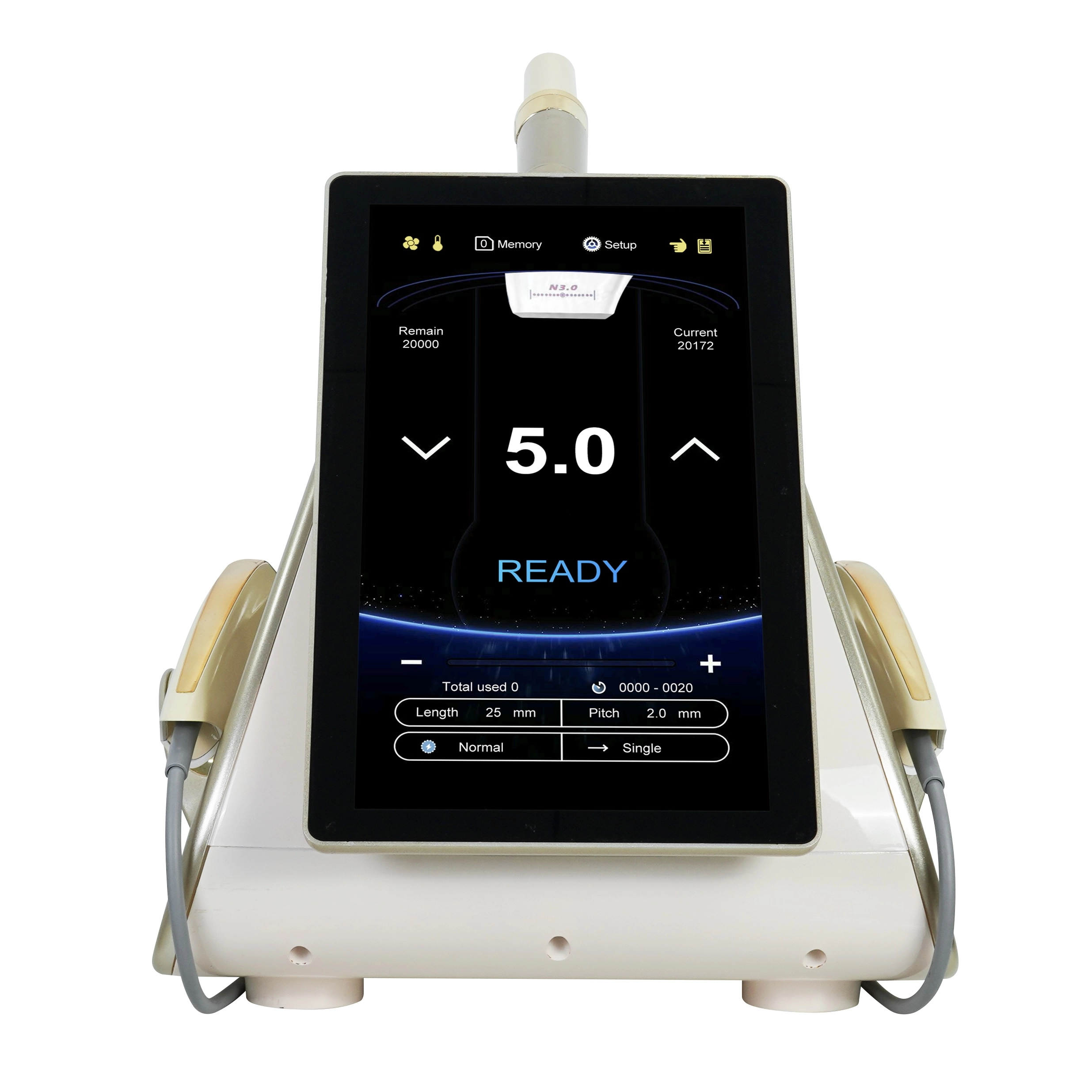 Cosmetic HIFU machine with touchscreen interface showing settings. - HUIMAIN