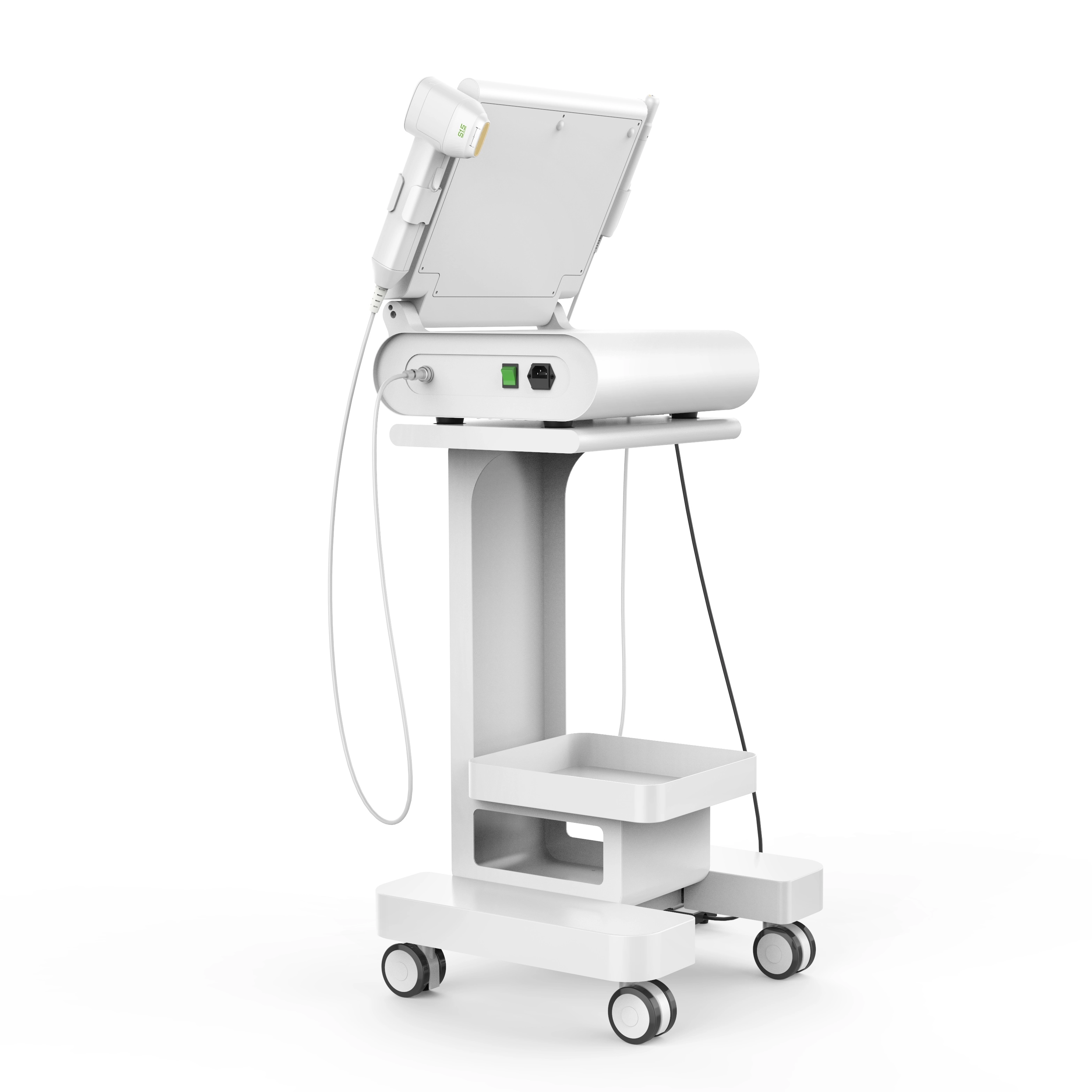 White HIFU (High-Intensity Focused Ultrasound) machine on a mobile cart. - HUIMAIN