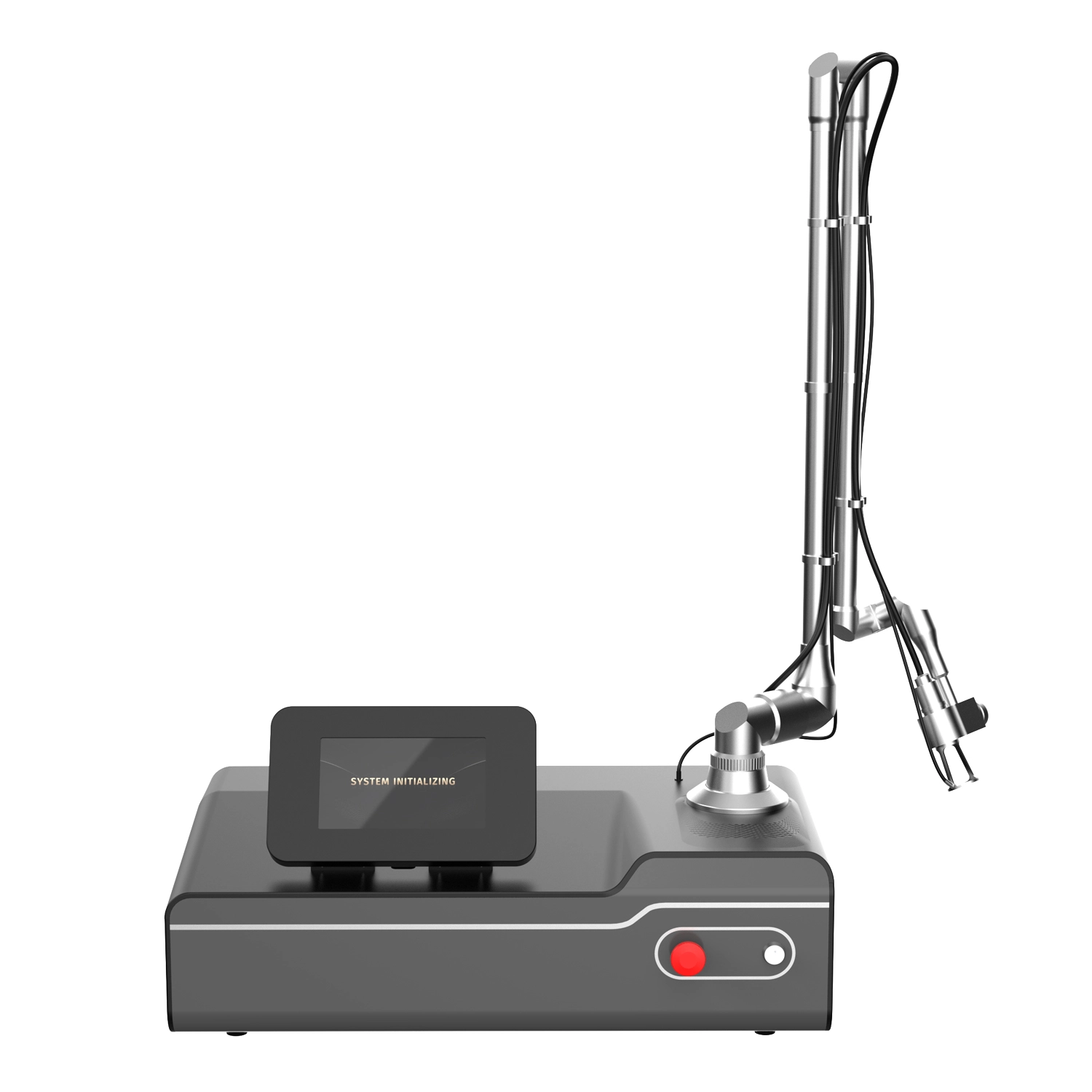 Medical laser machine with articulated arm and a screen showing System Initializin. - HUIMAIN