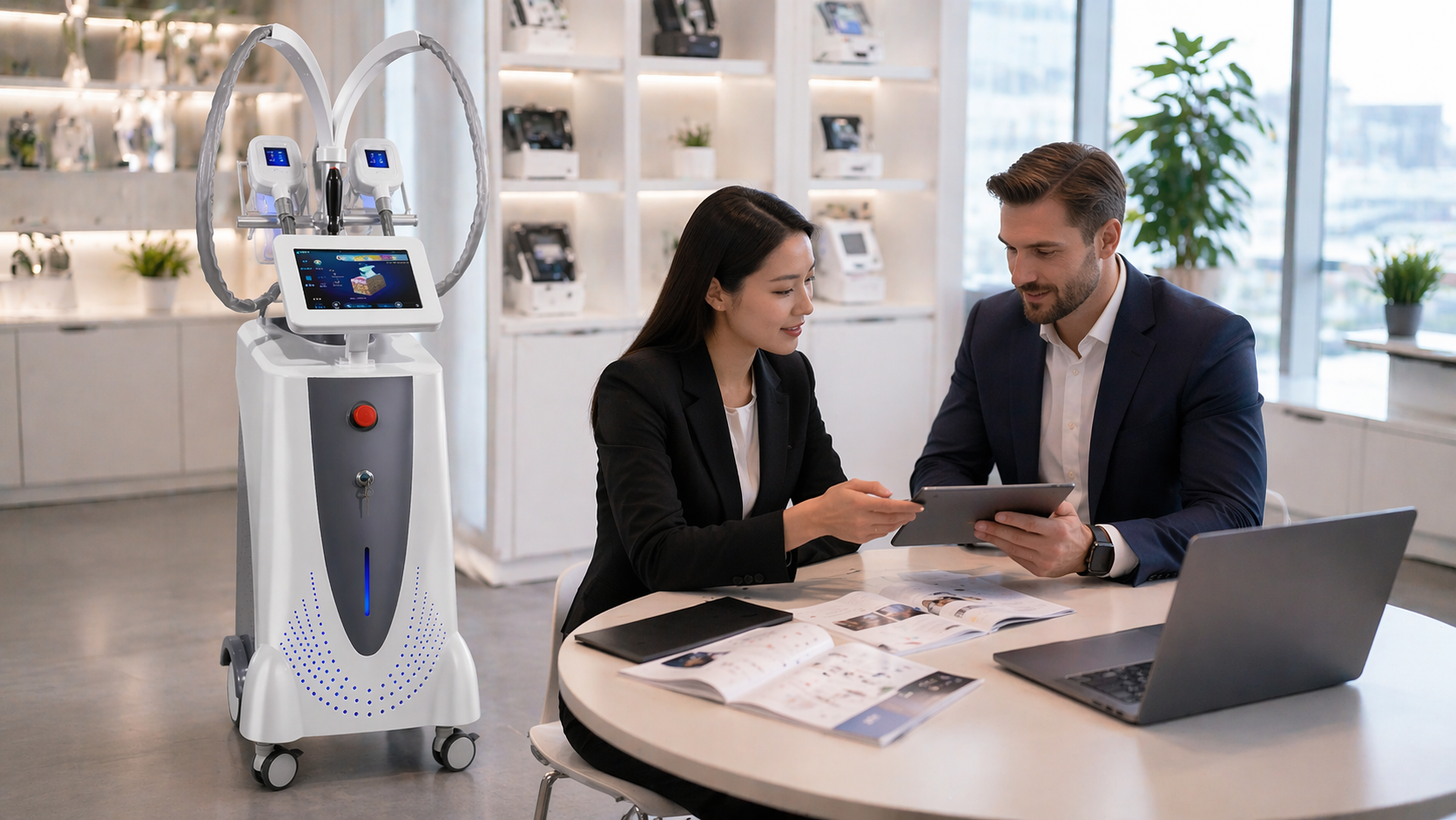 Business cooperation meeting with a 360 cryolipolysis machine displayed in a professional showroom