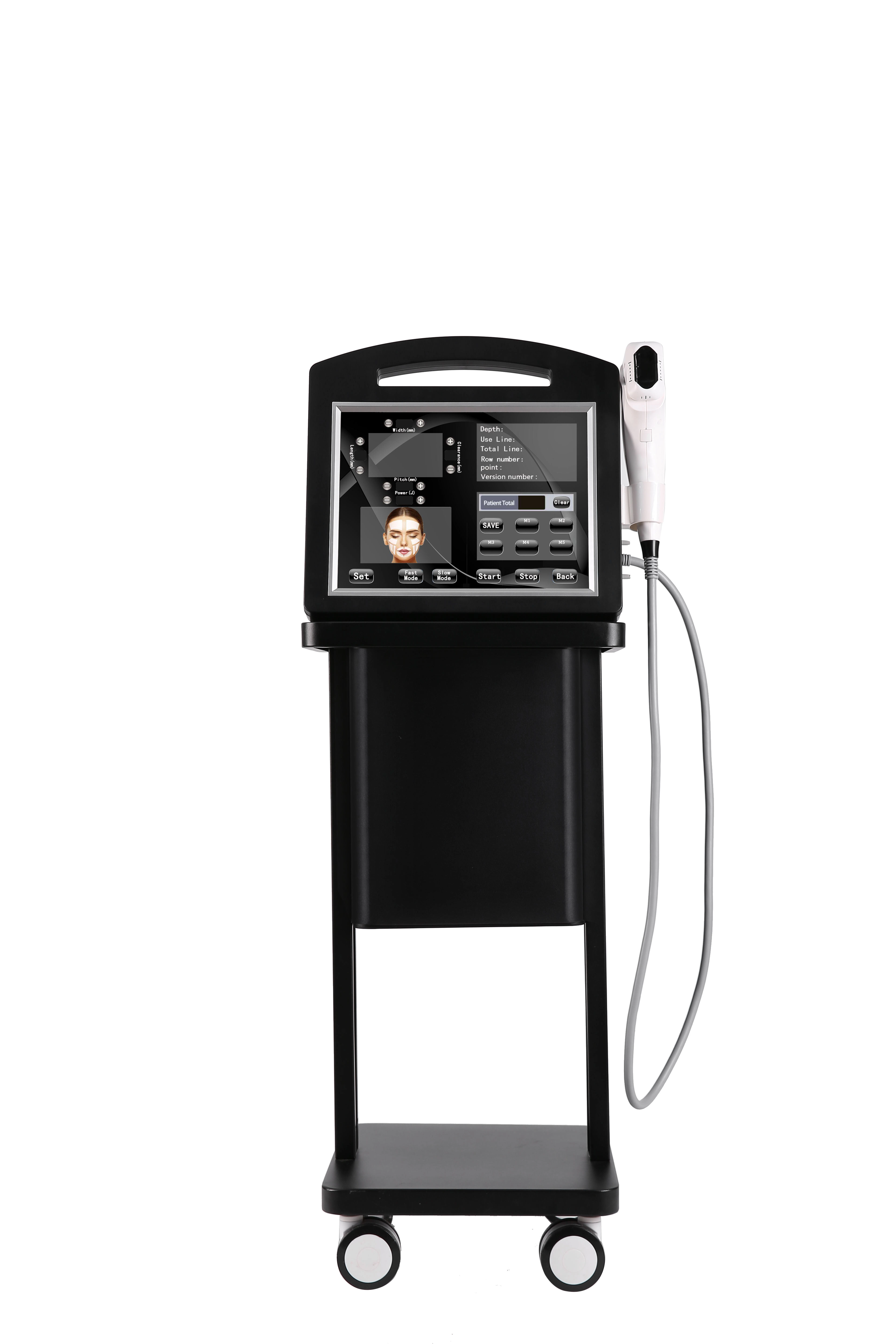 Black aesthetic device on wheels with a screen displaying settings for facial treatments. - HUIMAIN