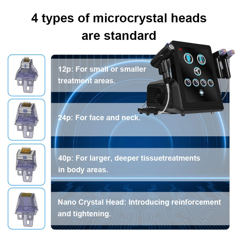 Microneedling device with four standard microcrystal head attachments for various treatment areas. - HUIMAIN
