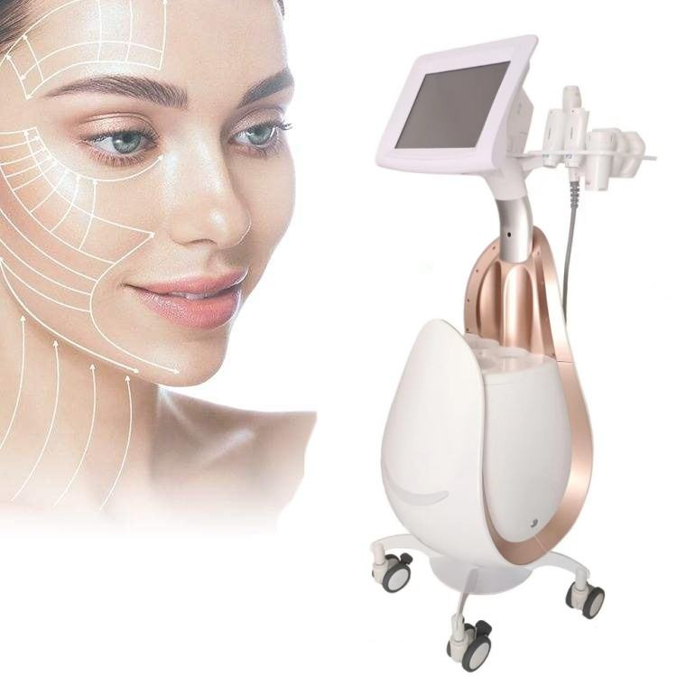 Woman's face with treatment lines next to a non-surgical facelift machine.