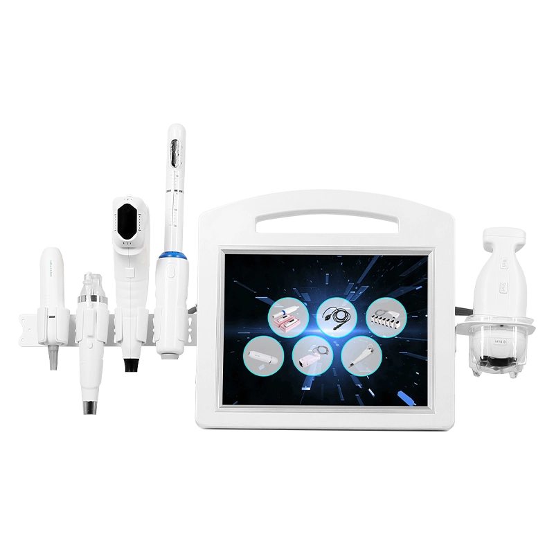 Dispositivo de belleza multifunción blanco con pantalla y varios cabezales de tratamiento. - HUIMAIN