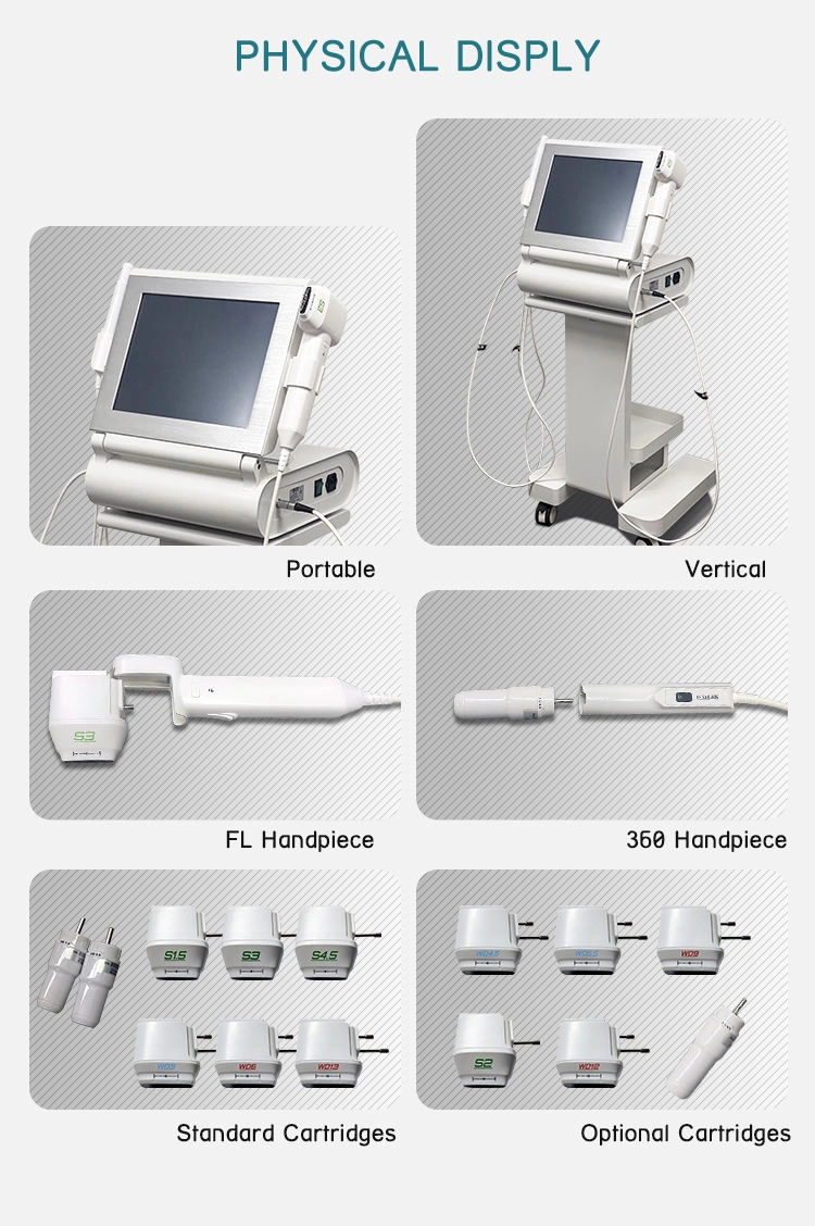 Image showcasing the components of a skin tightening machine including portable and vertical unit options, handpieces, and cartridges. - HUIMAIN