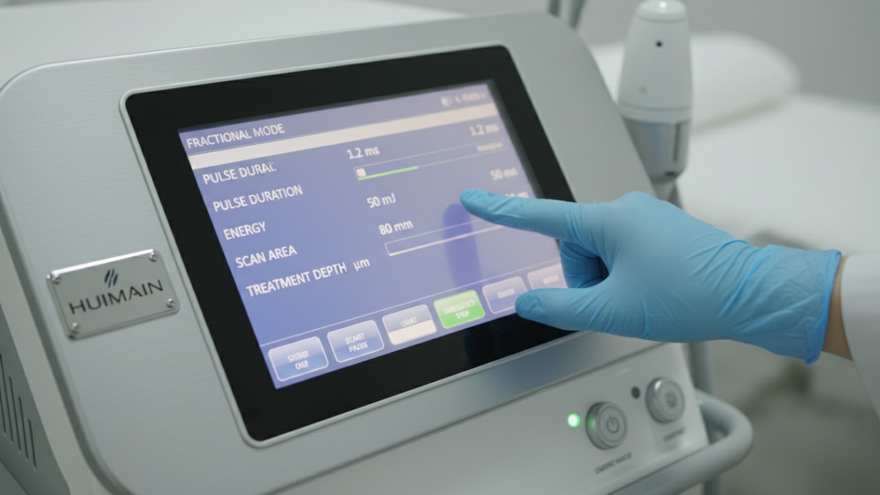 Close up of CO2 fractional laser machine interface and control panel in a clinic