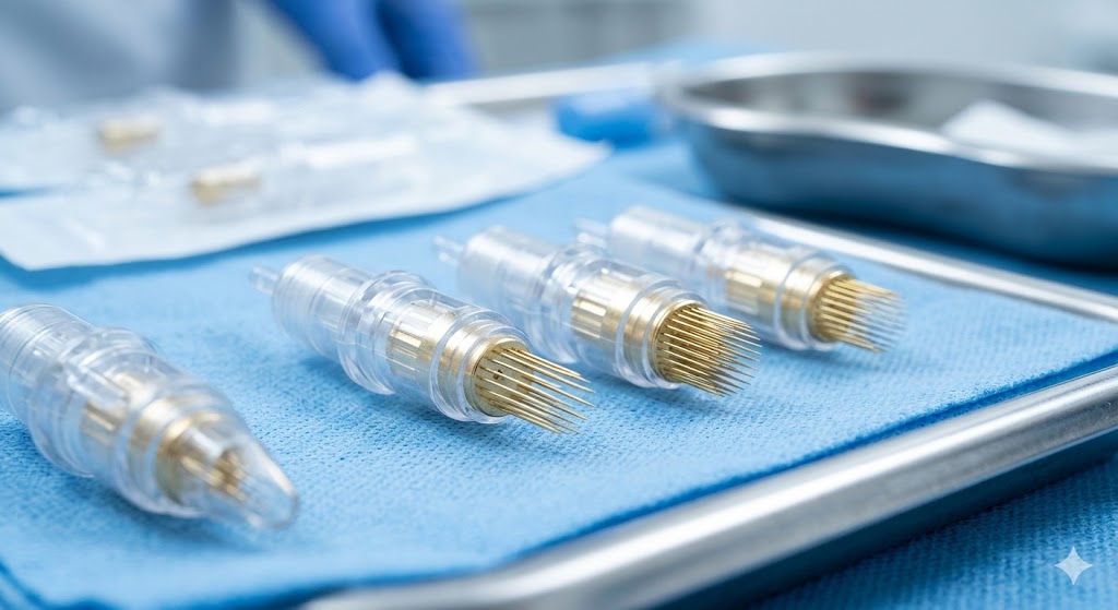 Close-up of sterile, professional microneedle cartridge tips.