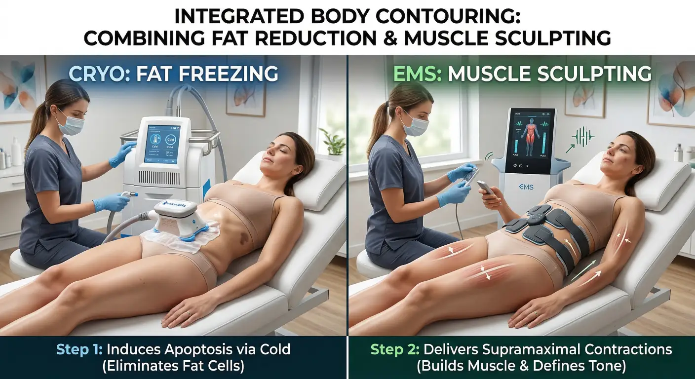 Combining cryolipolysis fat freezing with EMS muscle sculpting treatments.