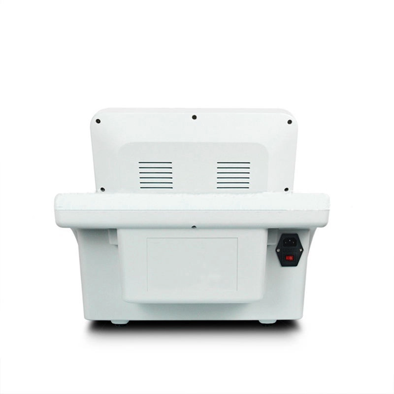 Rear view of a white touchscreen device with power connector. - HUIMAIN