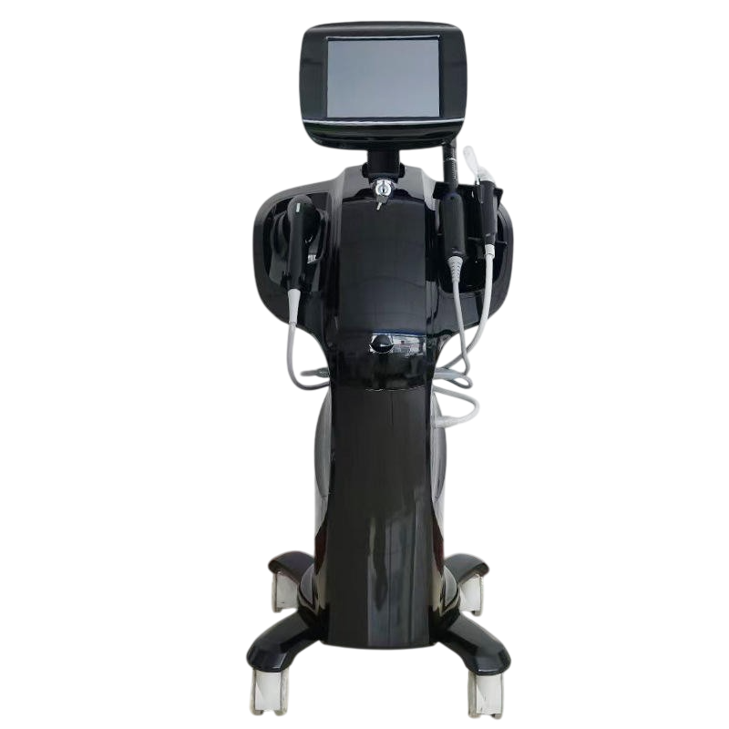 Black aesthetician multi-functional facial machine with a display screen on a wheeled base.