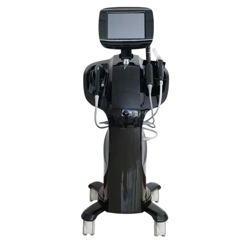 Black aesthetician multi-functional facial machine with a display screen on a wheeled base. - HUIMAIN