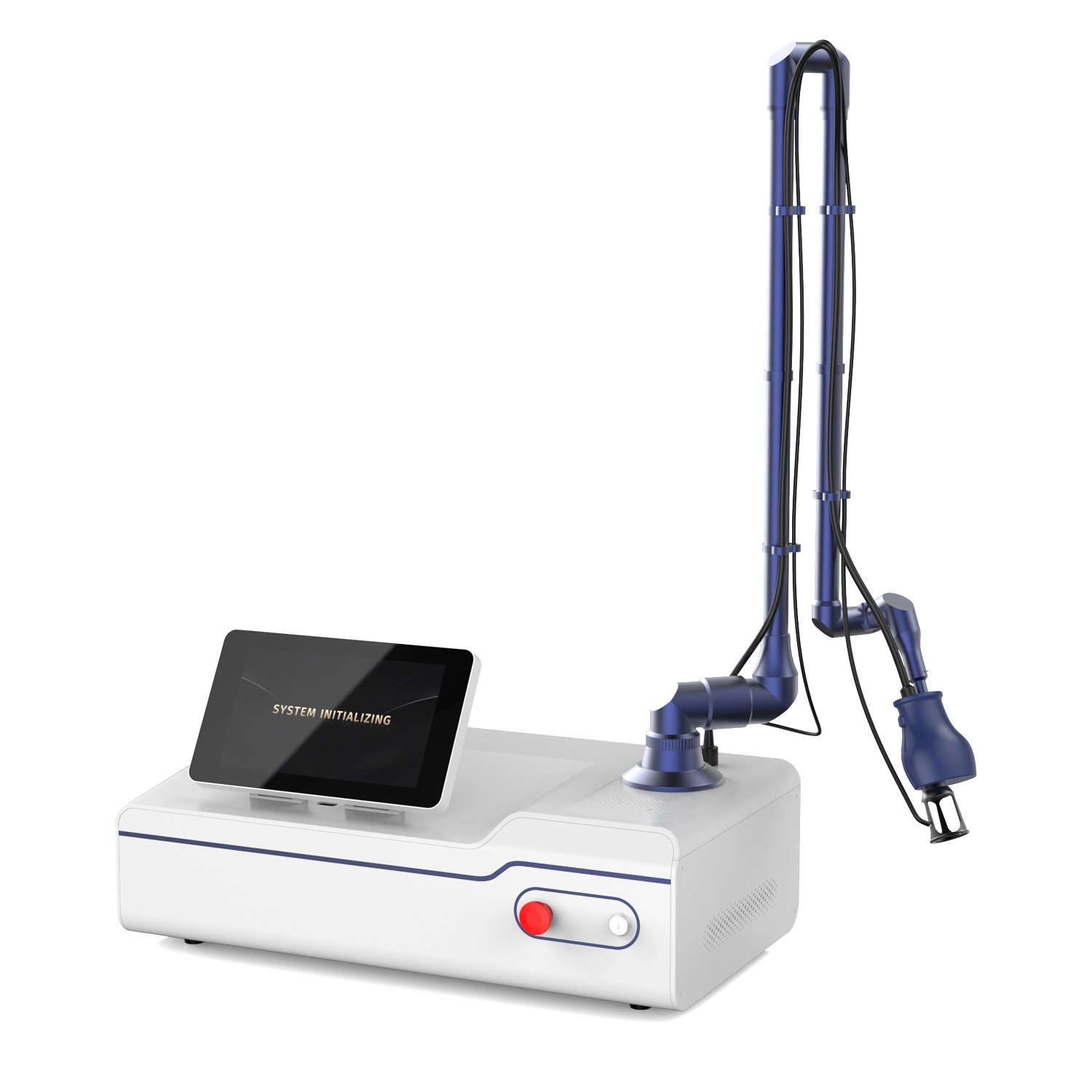 Cosmetic laser treatment machine with articulating arm and touch screen displaying System Initializing - HUIMAIN