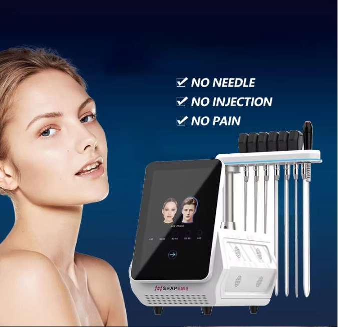 Woman with SHAPEMS aesthetic device promising no needles, injections, or pain. - HUIMAIN