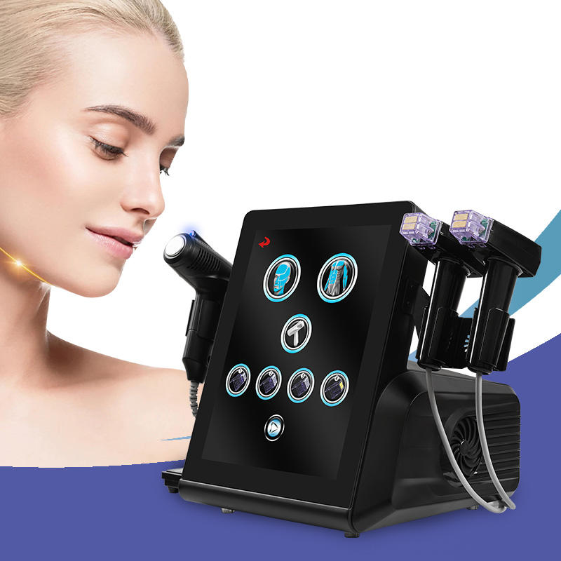 Beauty machine for skin rejuvenation with screen and multiple handpieces. Beauty machine for skin rejuvenation with screen and multiple handpieces.