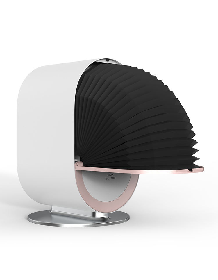 Puremi brand air purifier with white casing, pink accents, and black pleated filter.
