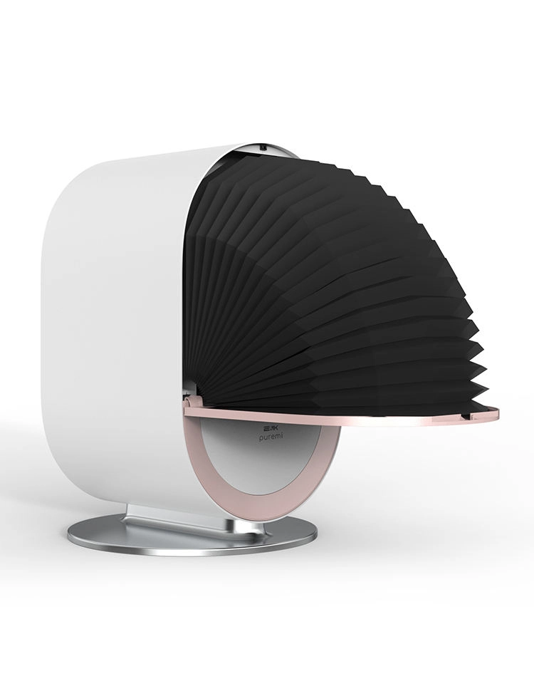Puremi brand air purifier with white casing, pink accents, and black pleated filter. - HUIMAIN