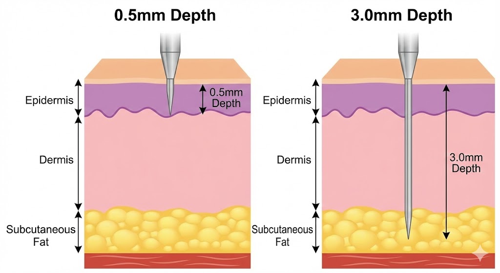 Diagram showing adjustable needle depth penetration in skin layers