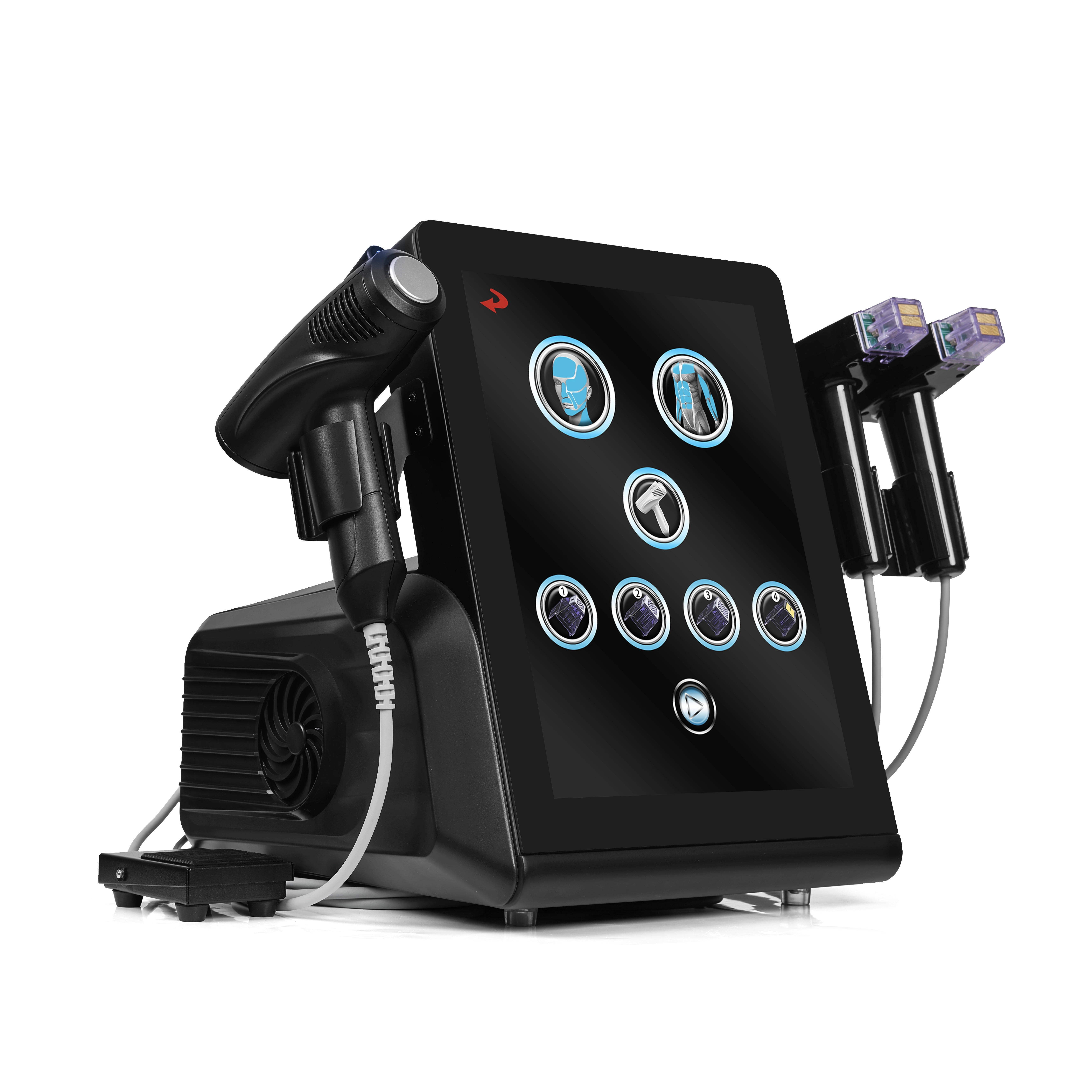 Modern black aesthetic device with interactive touch screen and attached applicators for cosmetology procedures. - HUIMAIN