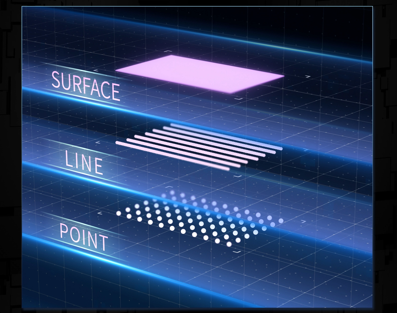 Conceptual diagram of a surface, lines, and points on a blue grid background. - HUIMAIN