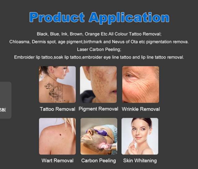 Image displaying various skin treatments: tattoo removal, pigment removal, wrinkle removal, wart removal, carbon peeling, and skin whitening. - HUIMAIN