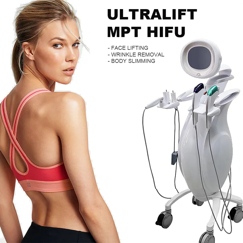 Ultralift MPT HIFU machine for face lifting, wrinkle removal, and body slimming, with a woman in activewear as a reference.