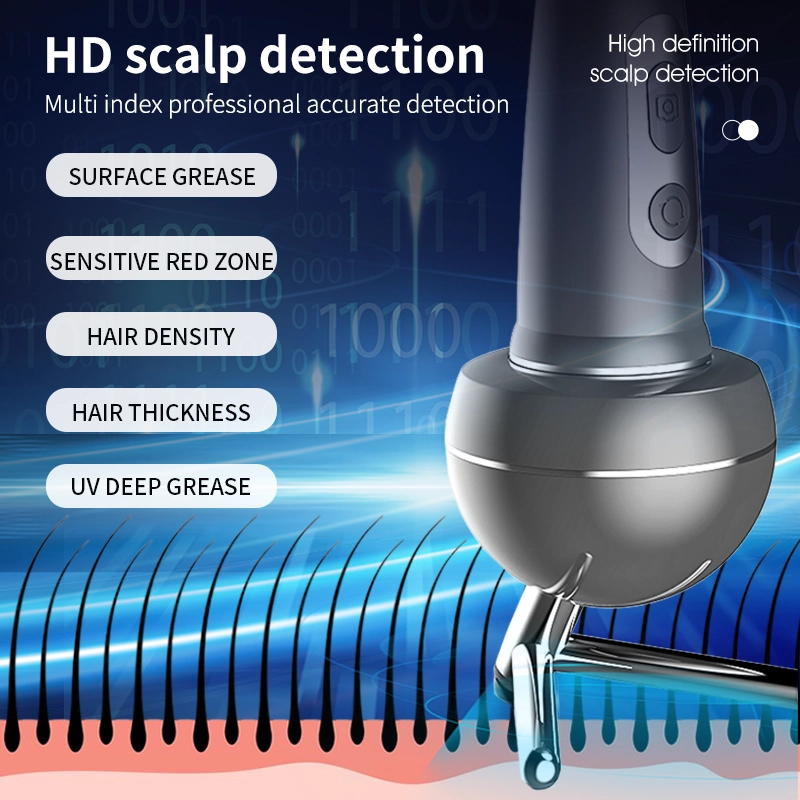 HD scalp detection device advertisement showing hair follicle close-up. - HUIMAIN
