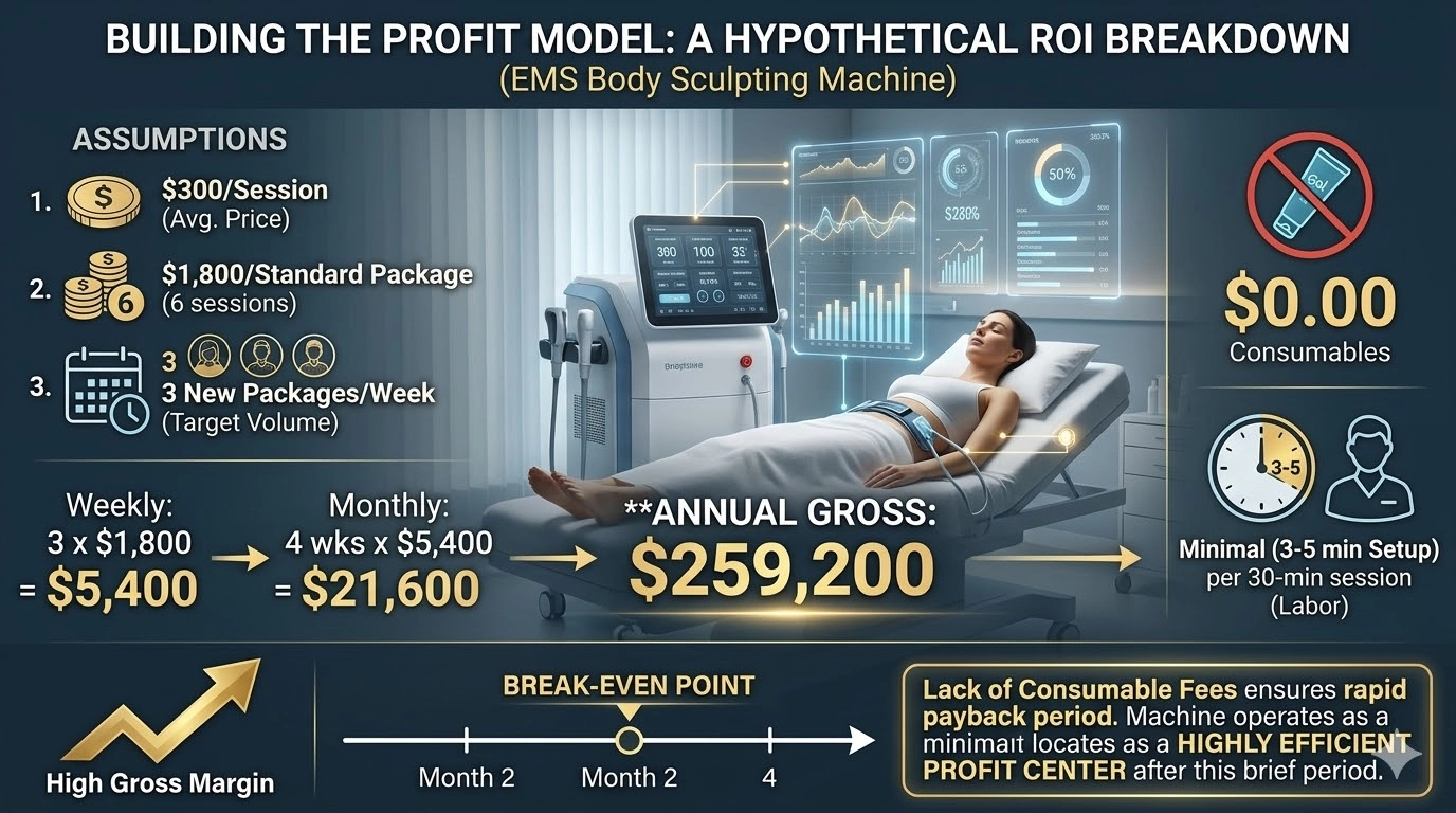 Máquina de modelado corporal EMS: Construyendo el modelo de ganancias. Un desglose hipotético del ROI - HUIMAIN