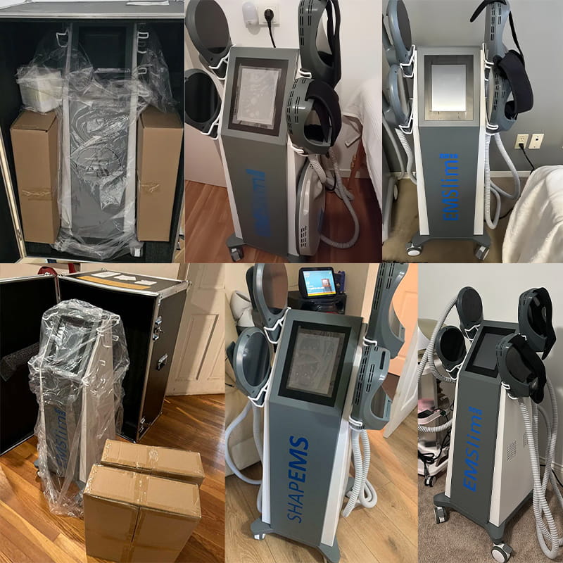 Collage showing unboxing and setup of a body contouring machine with applicators. Collage showing unboxing and setup of a body contouring machine with applicators.