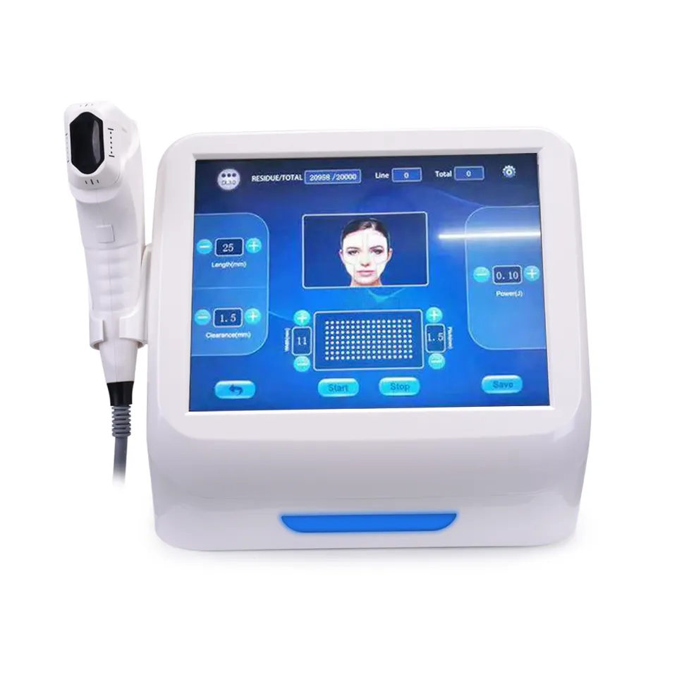 Close-up of a HIFU facial treatment machine with touchscreen display.