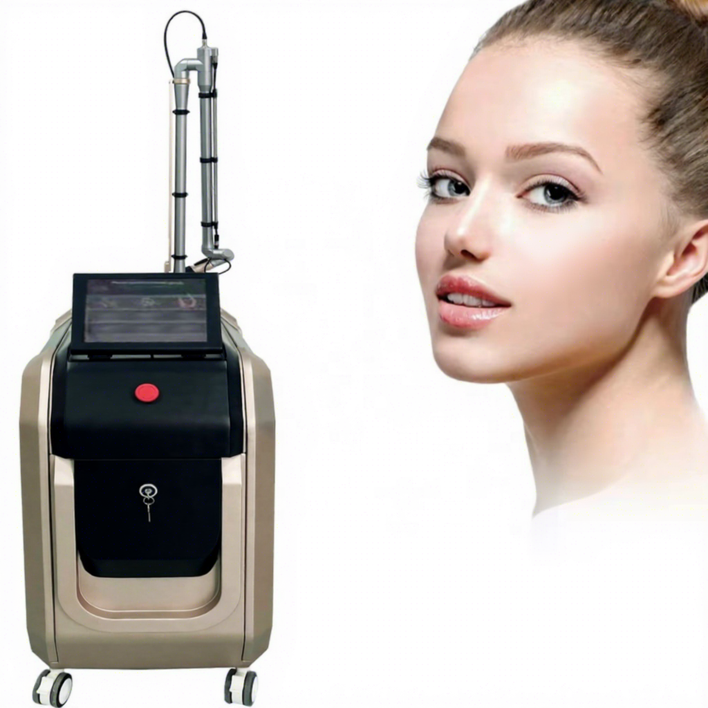 Woman's face next to a fractional CO2 laser machine.