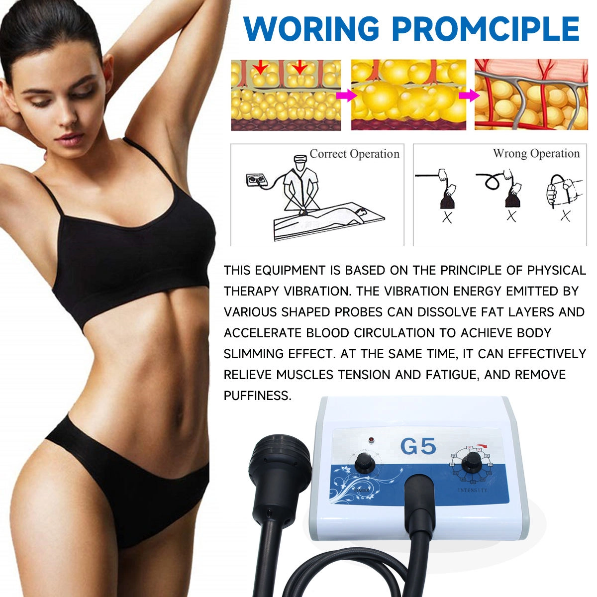 Woman and a G5 massage machine demonstrating fat reduction through physical therapy vibration. - HUIMAIN