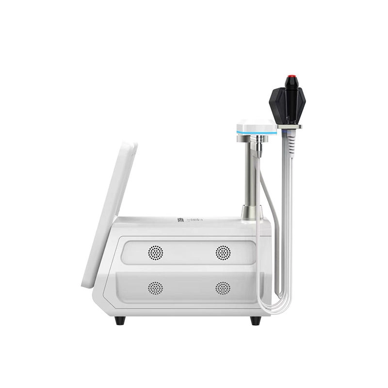 Side view of a white aesthetic body sculpting machine with handles and a display screen. - HUIMAIN