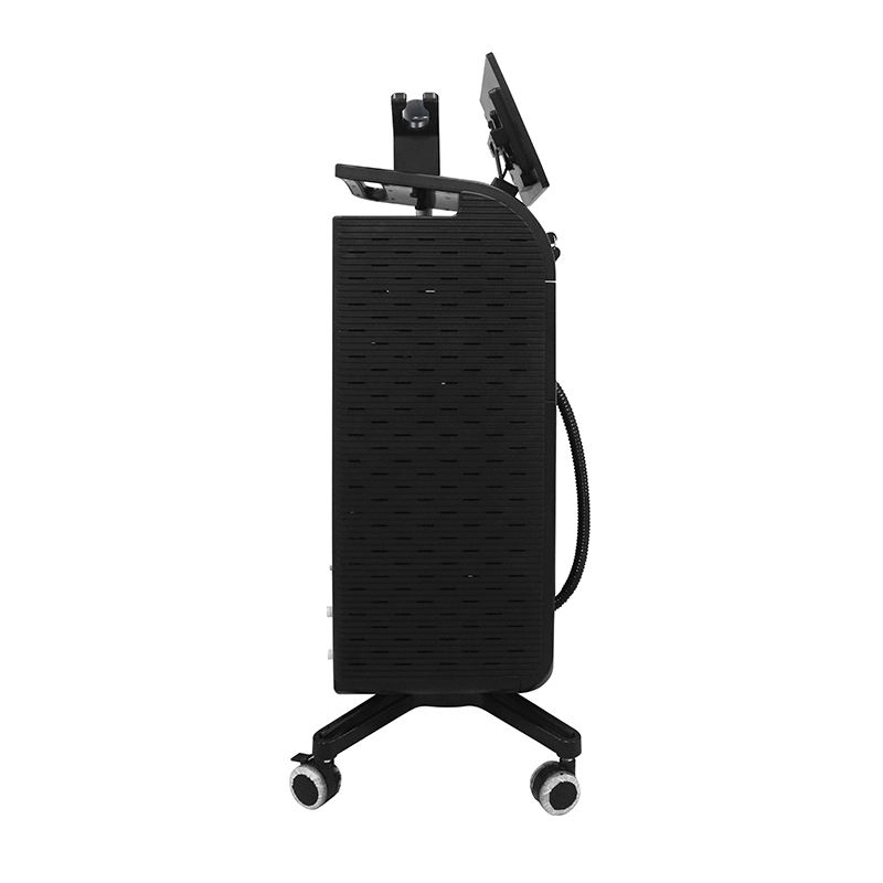 Side view of a black, rolling medical or aesthetic device with a screen and mounted handpiece holder. - HUIMAIN