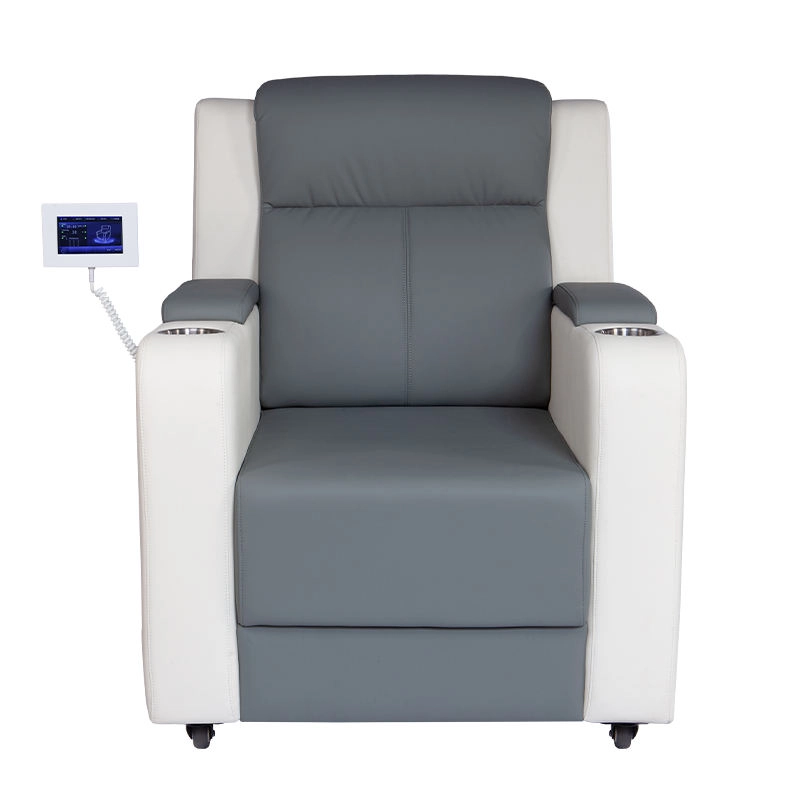 Sillón reclinable de cine de cuero gris y blanco con panel de control digital y portavasos. - HUIMAIN