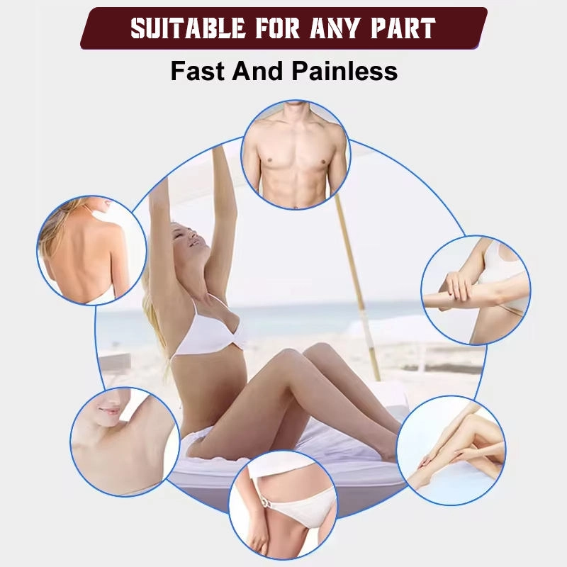 Image demonstrating hair removal suitability for various body areas, including legs, arms, back, torso, underarms, and bikini line, with text Suitable for Any Part and Fast and Painless. - HUIMAIN