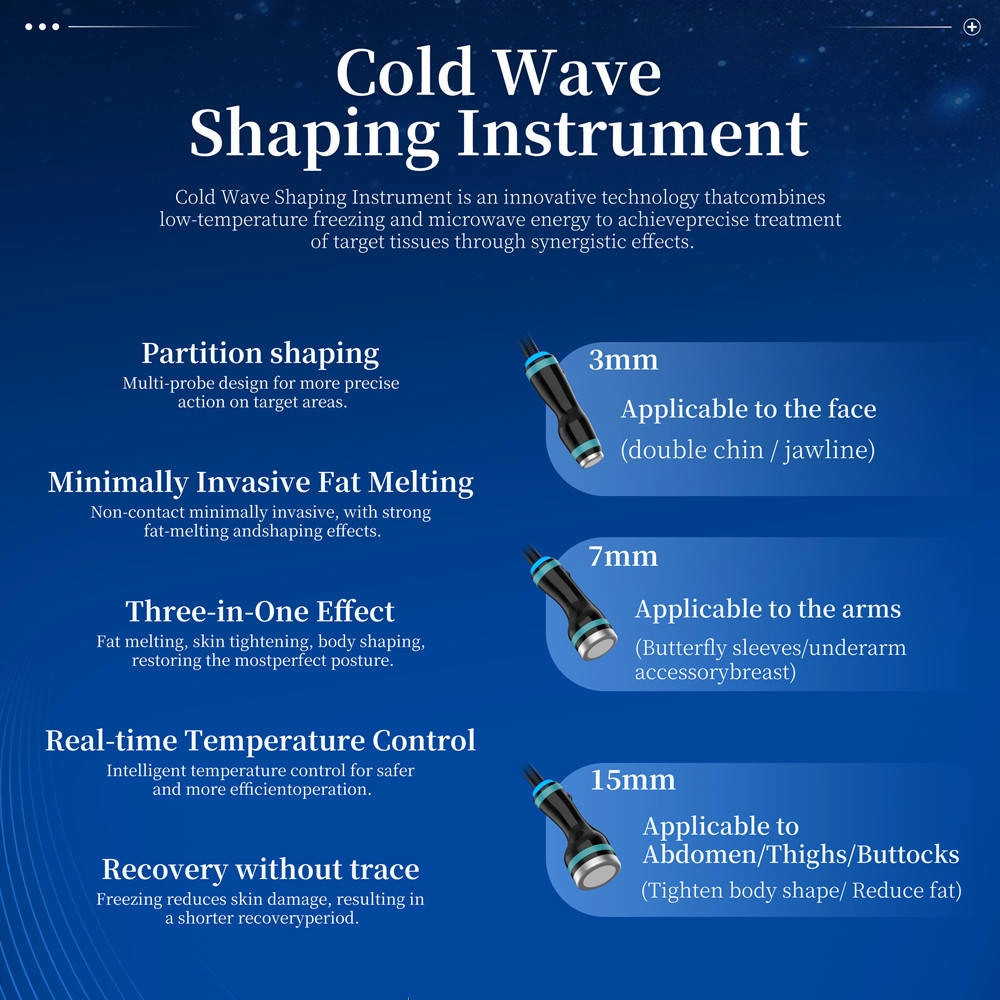 Cold Wave Shaping Instrument features and probe sizes for face, arms, abdomen, thighs, and buttocks. - HUIMAIN