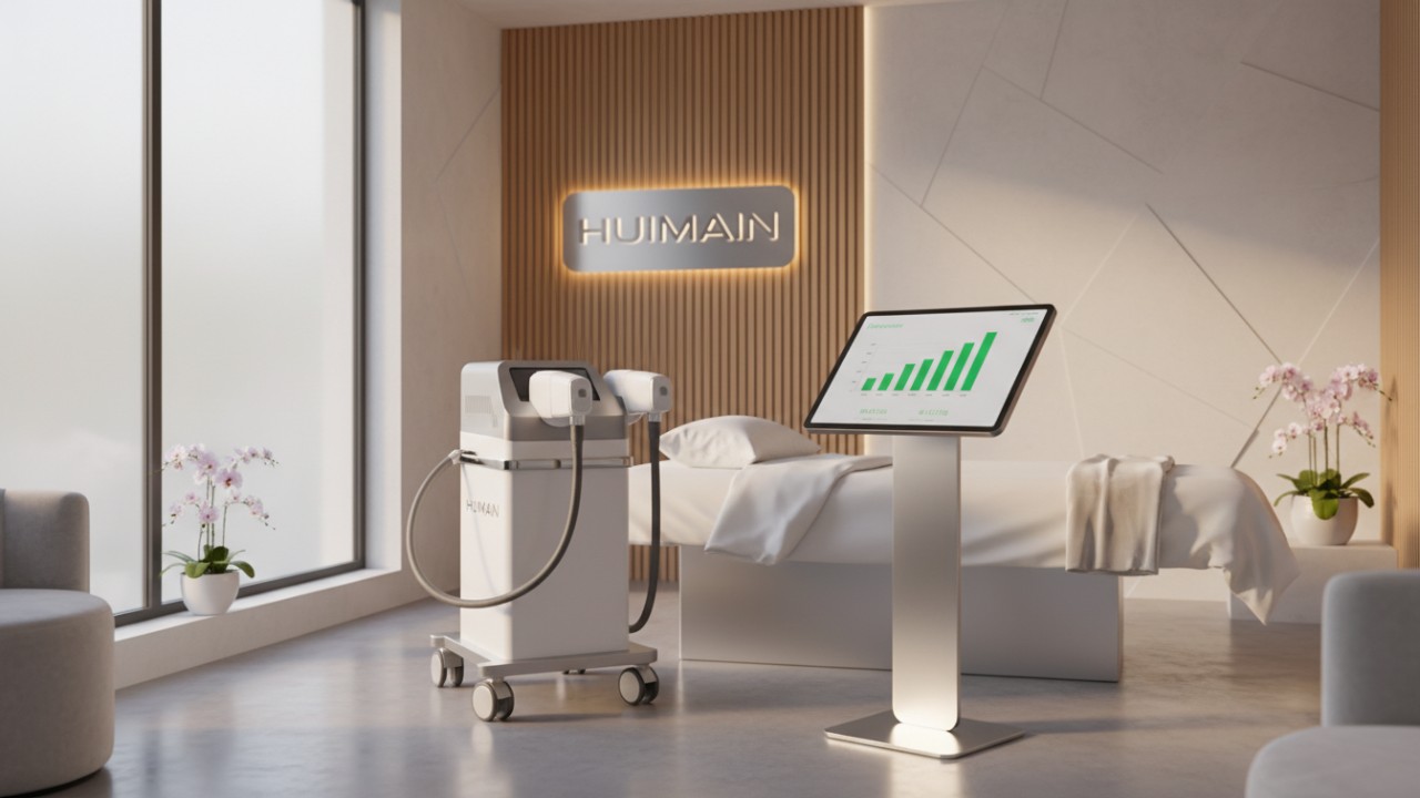 Luxury aesthetic clinic interior with CO2 laser machine and financial ROI chart