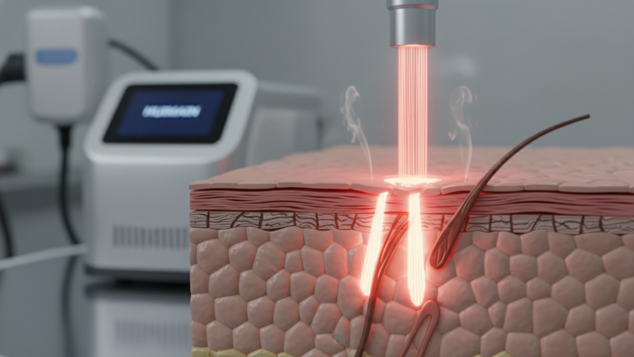 Medical illustration of CO2 fractional laser beams creating microscopic columns in skin tissue