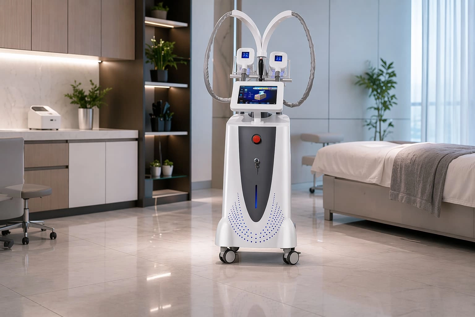 Premium hero image of a 360 cryolipolysis machine in a modern professional beauty treatment room - HUIMAIN