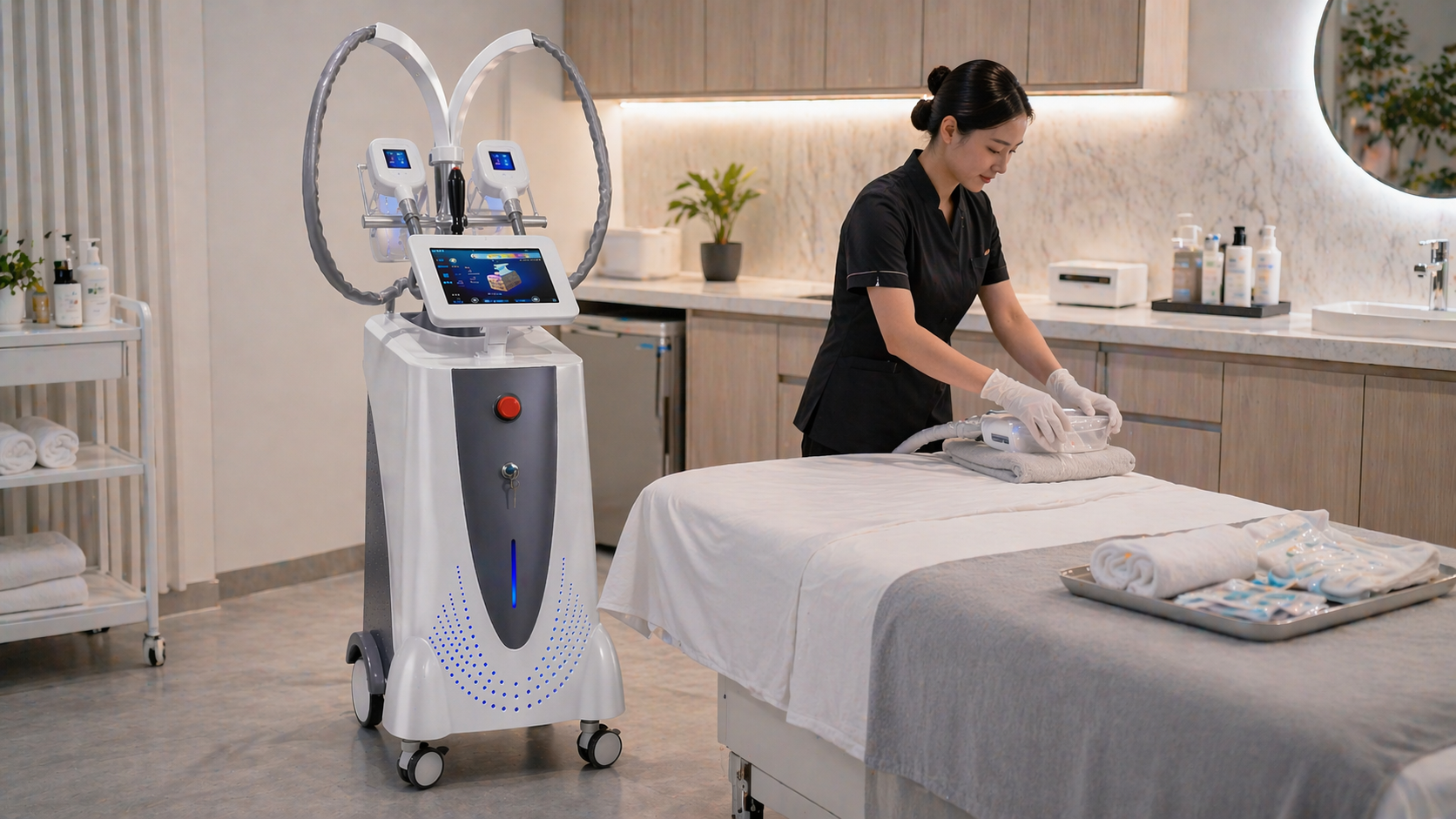 Professional clinic preparation scene with a 360 cryolipolysis machine beside a treatment bed