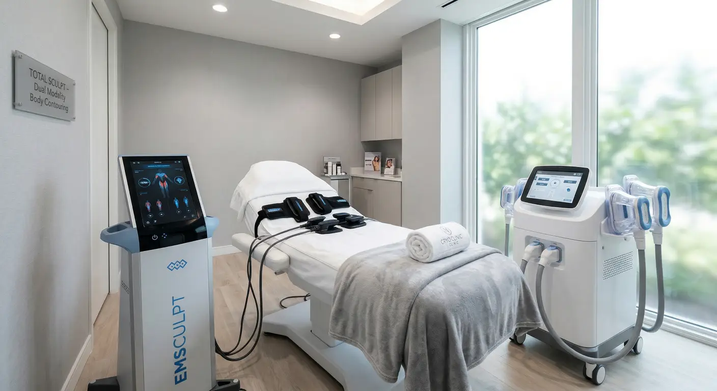 Professional cryolipolysis machine and EMS sculpting device combination in a clinic. Professional cryolipolysis machine and EMS sculpting device combination in a clinic.